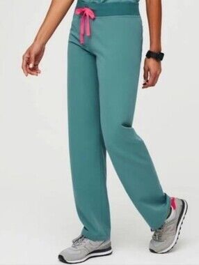 FIGS Women's Teal Livingston Scrub Pants with Yoga Waistband and Pink Drawcord